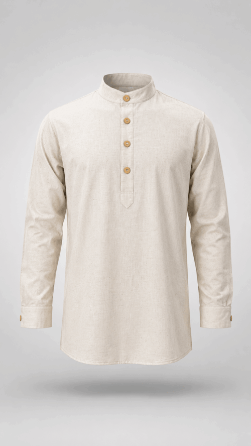 Natural Off-White Khaadi Short Kurta for Men with Wooden Buttons