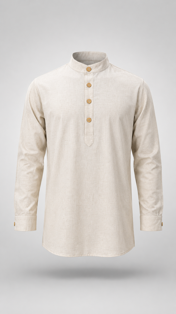 Natural Off-White Khaadi Short Kurta for Men with Wooden Buttons