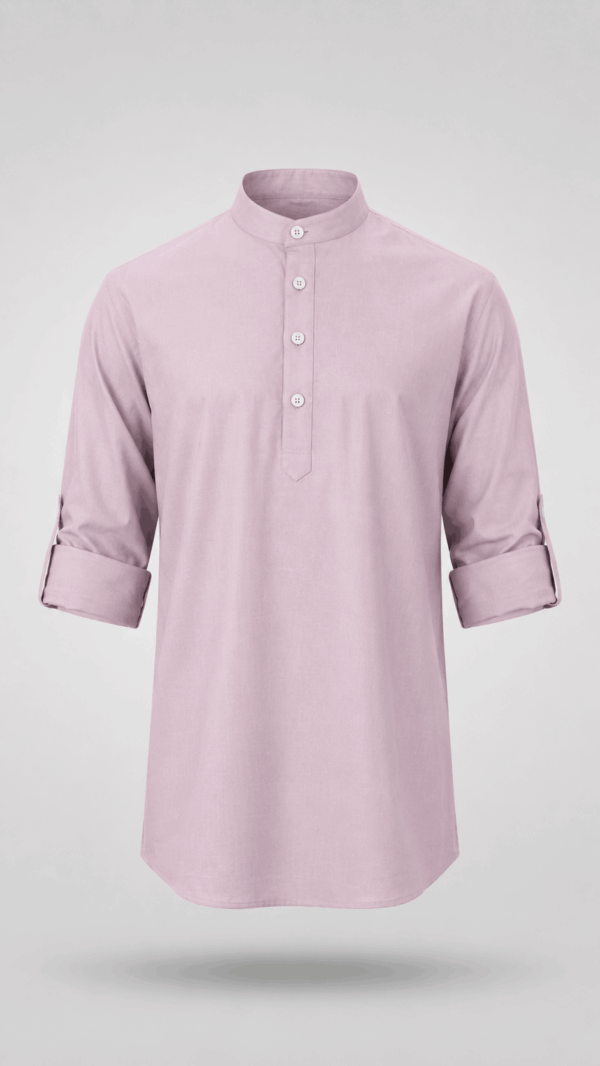 Solid Light Pink Cotton Short Kurta for Men with Mandarin Collar