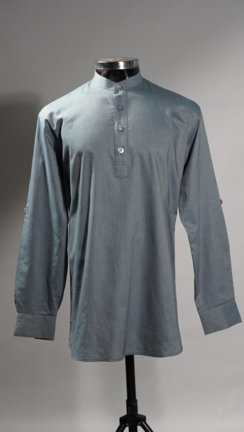 Solid Bluish-Green Cotton Short Kurta for Men with Mandarin Collar
