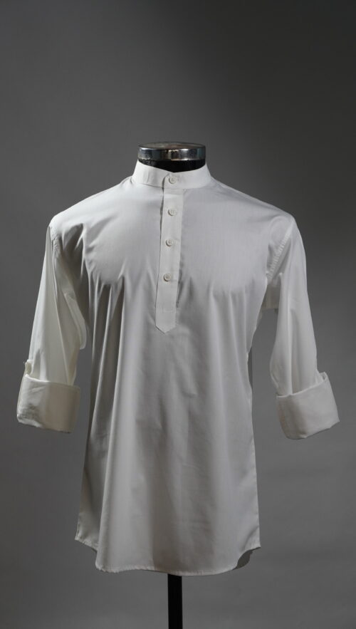 Solid White Premium Raymond Cotton Short Kurta for Men with Mandarin Collar