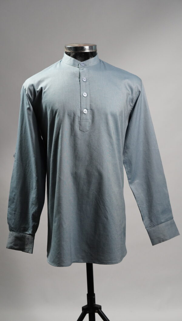 Solid Bluish-Green Cotton Short Kurta for Men with Mandarin Collar