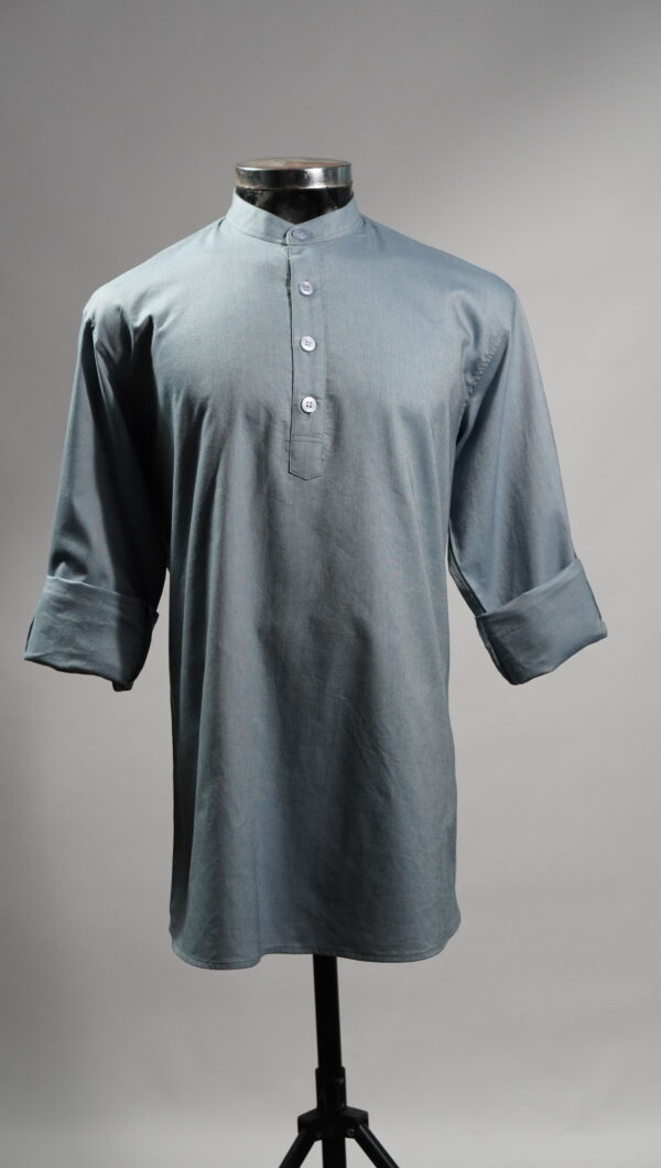 Solid Bluish-Green Cotton Short Kurta for Men with Mandarin Collar