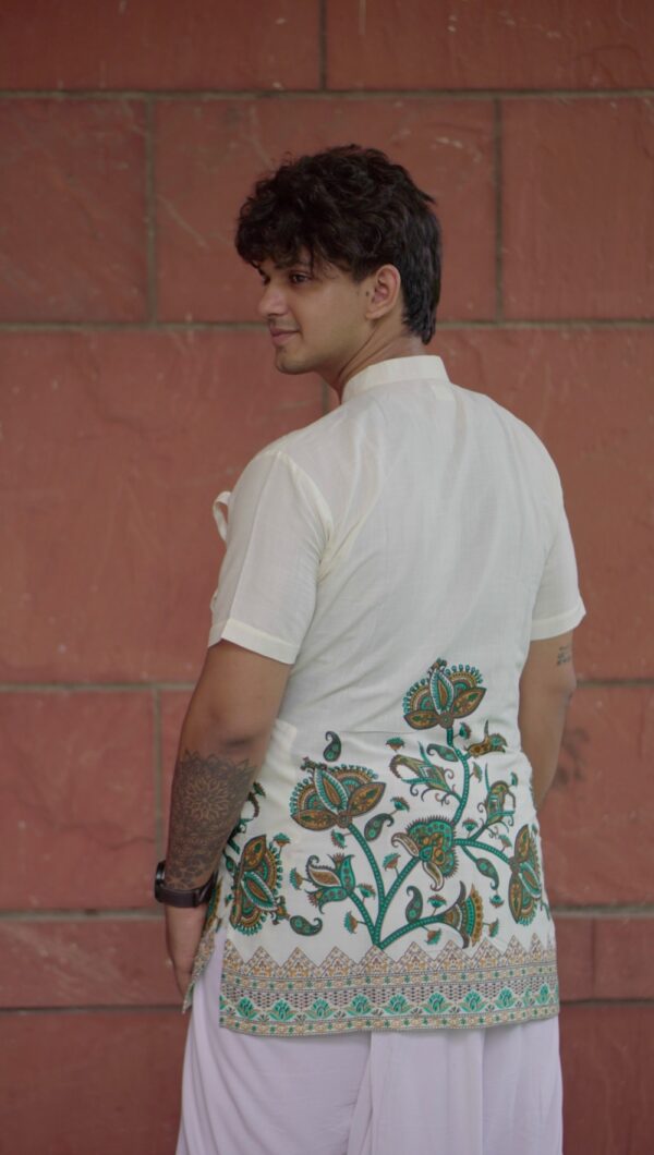 Off-White Cotton Bagalbandi with Printed Paisley Border for Men