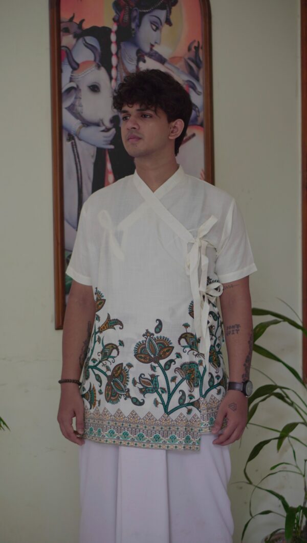 Off-White Cotton Bagalbandi with Printed Paisley Border for Men