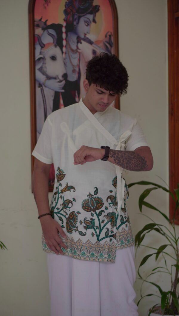 Off-White Cotton Bagalbandi with Printed Paisley Border for Men