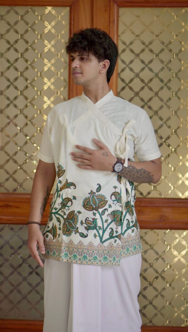Off-White Cotton Bagalbandi with Printed Paisley Border for Men