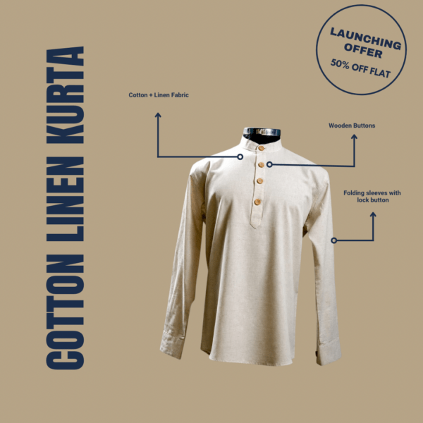 Natural Off-White Khaadi Short Kurta for Men with Wooden Buttons