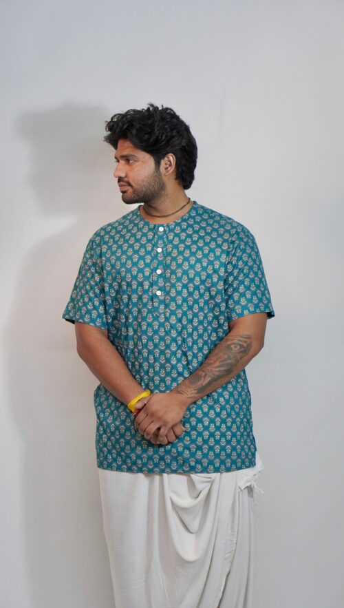 Teal Blue Elegance – Printed Cotton Kurta