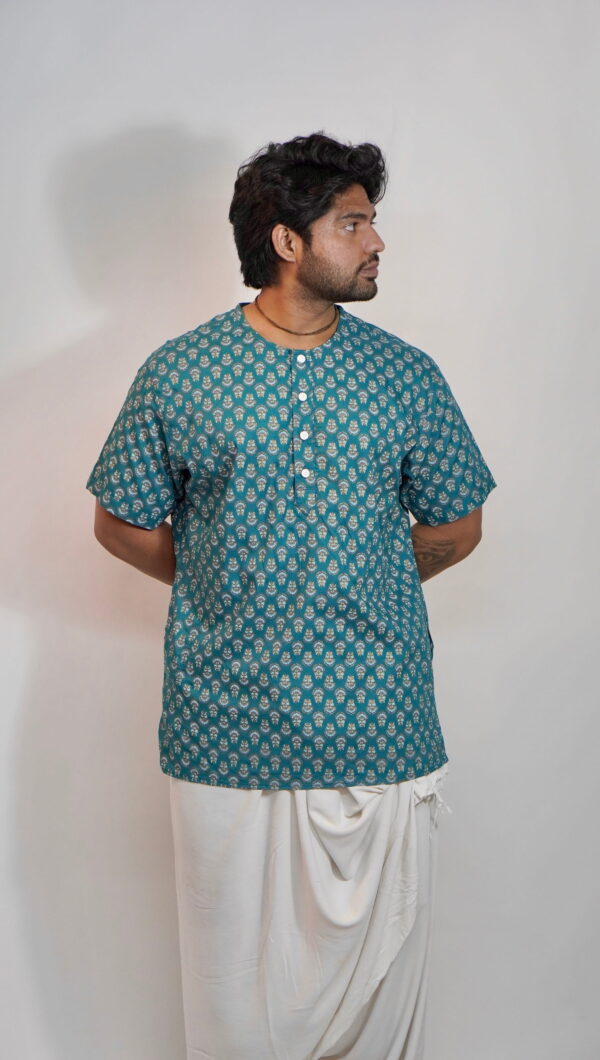 Teal Blue Elegance – Printed Cotton Kurta
